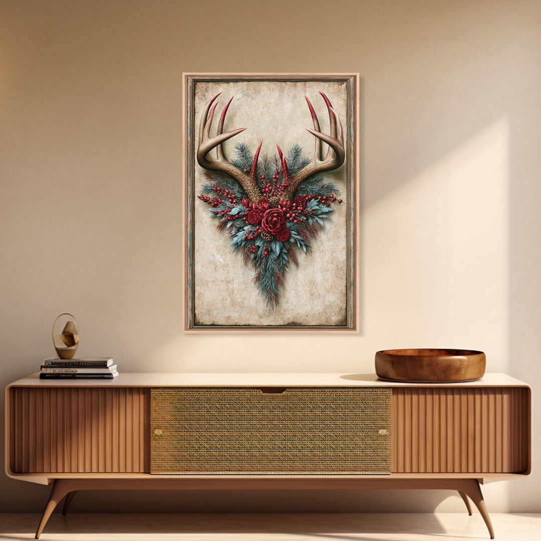 Deer Antlers with Pine Branches and Berries Framed Canvas Print, Rustic Art, Farmhouse Decor, Watercolor Art, Rustic, RUS-2x3-34