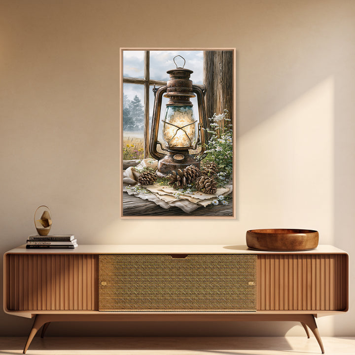 Rustic Lantern Glowing Beside Pinecones Framed Canvas Print, Rustic Art, Landscape Painting, Farmhouse Decor, Watercolor Art, RUS-2x3-36