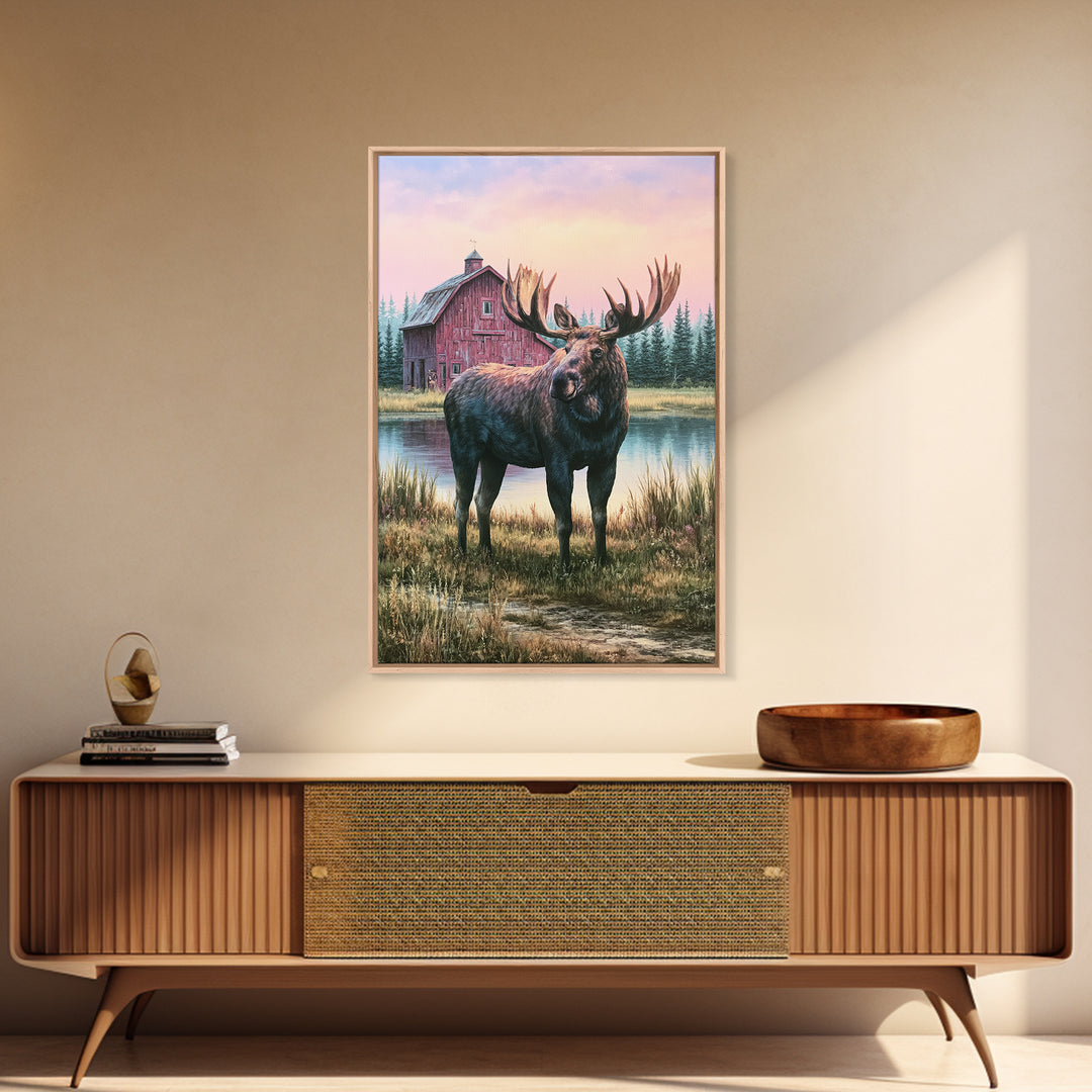 Moose Standing by a Quiet Lake Framed Canvas Print, Rustic Art, Digital Prints, Farmhouse Decor, Fine Art, Rustic, 3d Wall Art, RUS-2x3-41