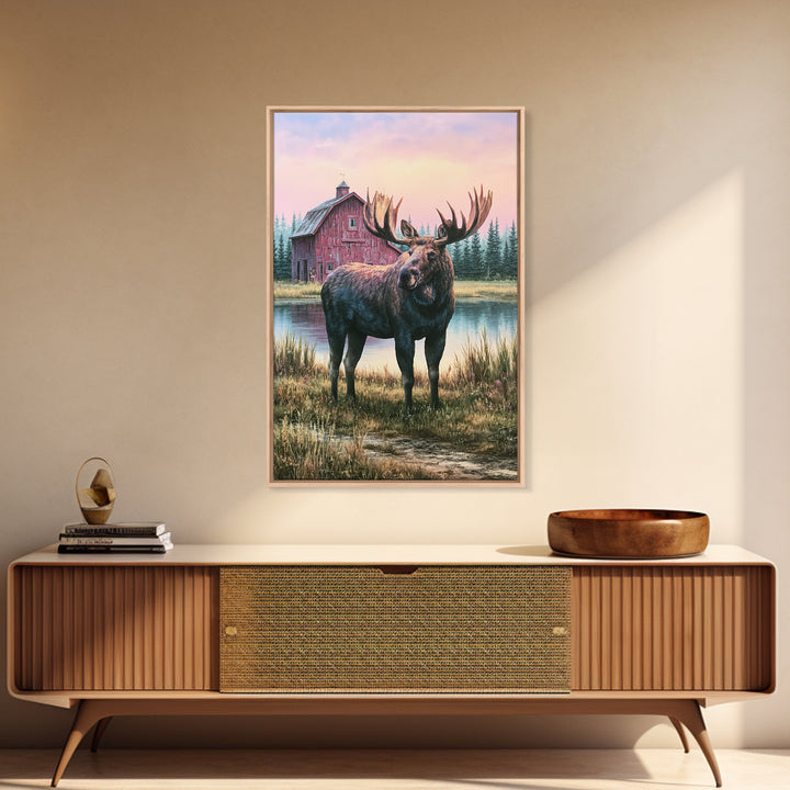 Moose Standing by a Quiet Lake Framed Canvas Print, Rustic Art, Digital Prints, Farmhouse Decor, Fine Art, Rustic, 3d Wall Art, RUS-2x3-41