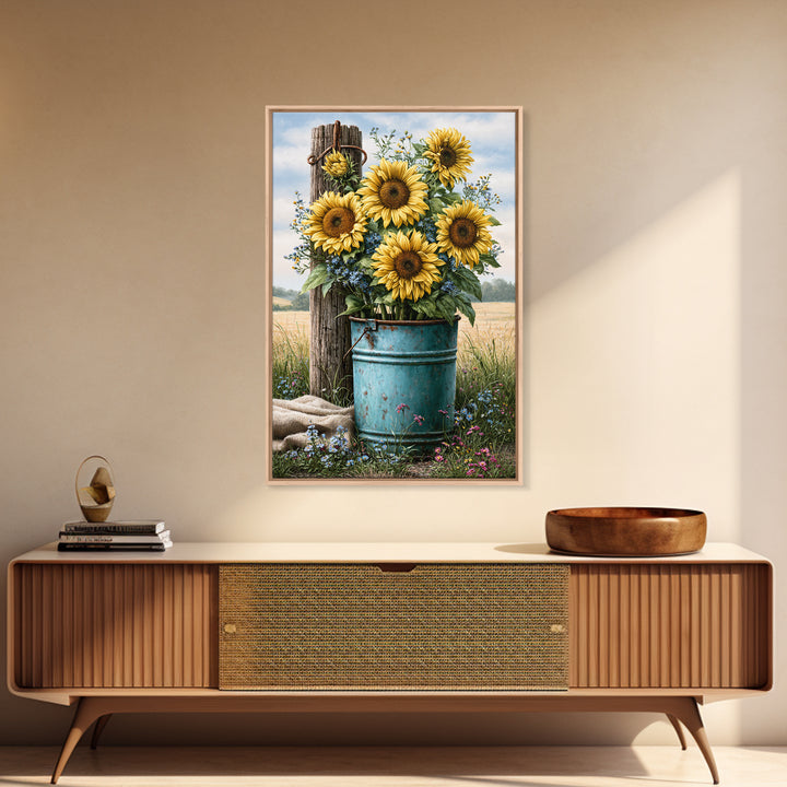 Sunflowers in a Metal Bucket Framed Canvas Print, Rustic Art, Living Room Art, Farmhouse Decor, Watercolor Art, Rustic, RUS-2x3-44