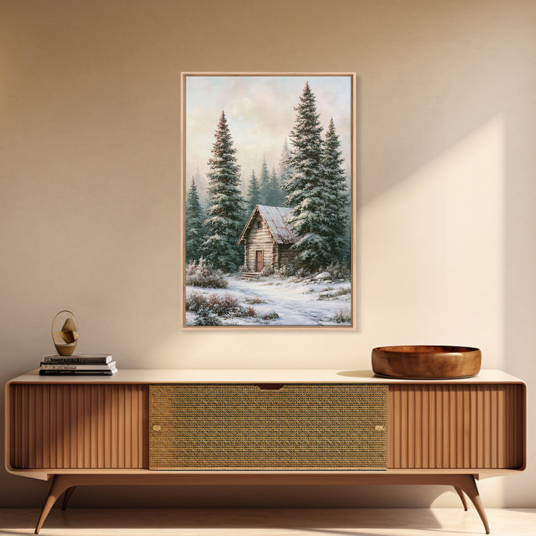 Log Cabin with Snowy Pines Framed Canvas Print, Rustic Art, Wall Art, Farmhouse Decor, Abstract Art, Rustic, Living Room Decor, RUS-2x3-47