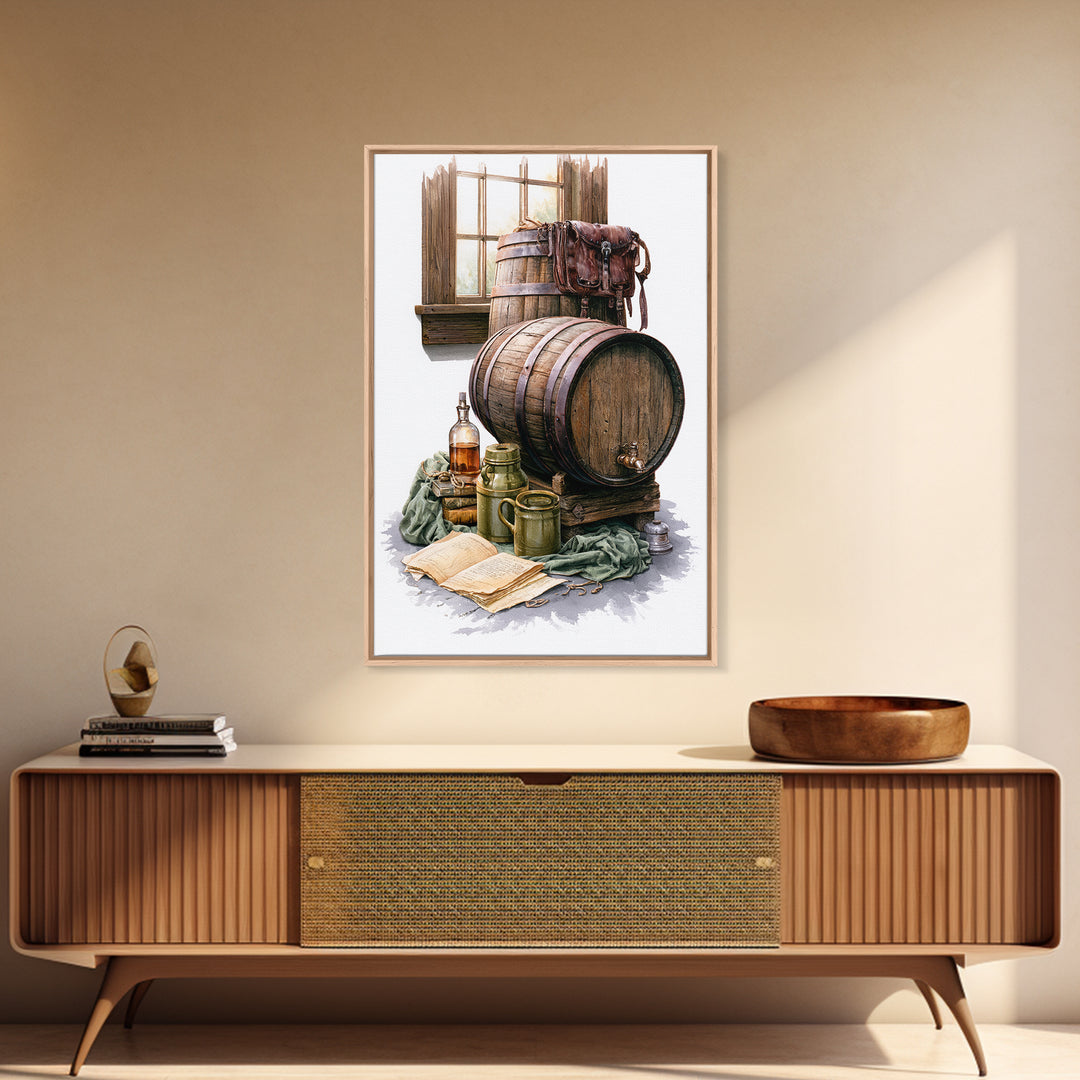 Whiskey Barrel and Leather Still Life Framed Canvas Print, Rustic Art, Room Decor, Farmhouse Decor, Oil Painting, Rustic, RUS-2x3-51