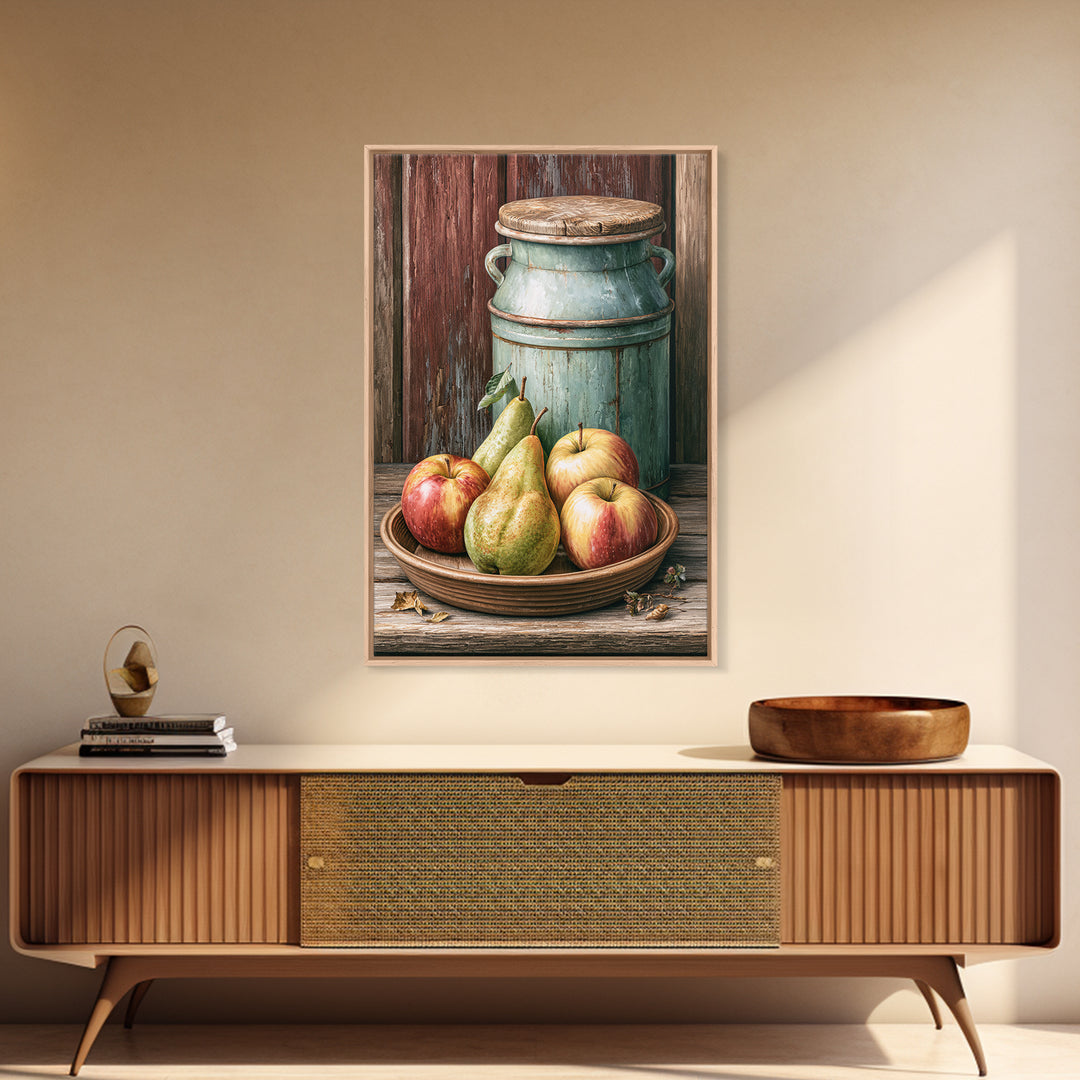 Rustic Pear and Apple Still Life Framed Canvas Print, Rustic Art, Printable Wall Art, Farmhouse Decor, Oil Painting, Rustic, RUS-2x3-53