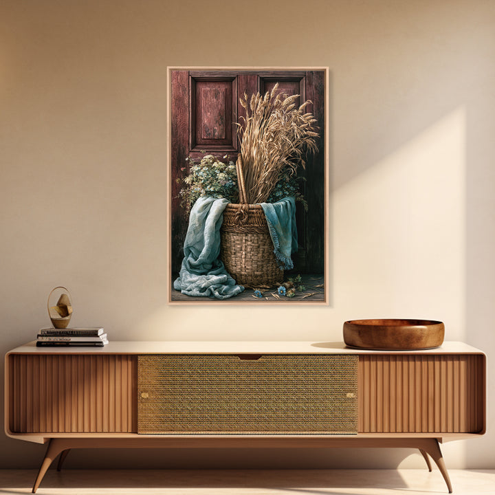 Handwoven Basket with Dried Grasses Framed Canvas Print, Rustic Art, Wall Decor, Farmhouse Decor, Abstract Art, Rustic, RUS-2x3-56