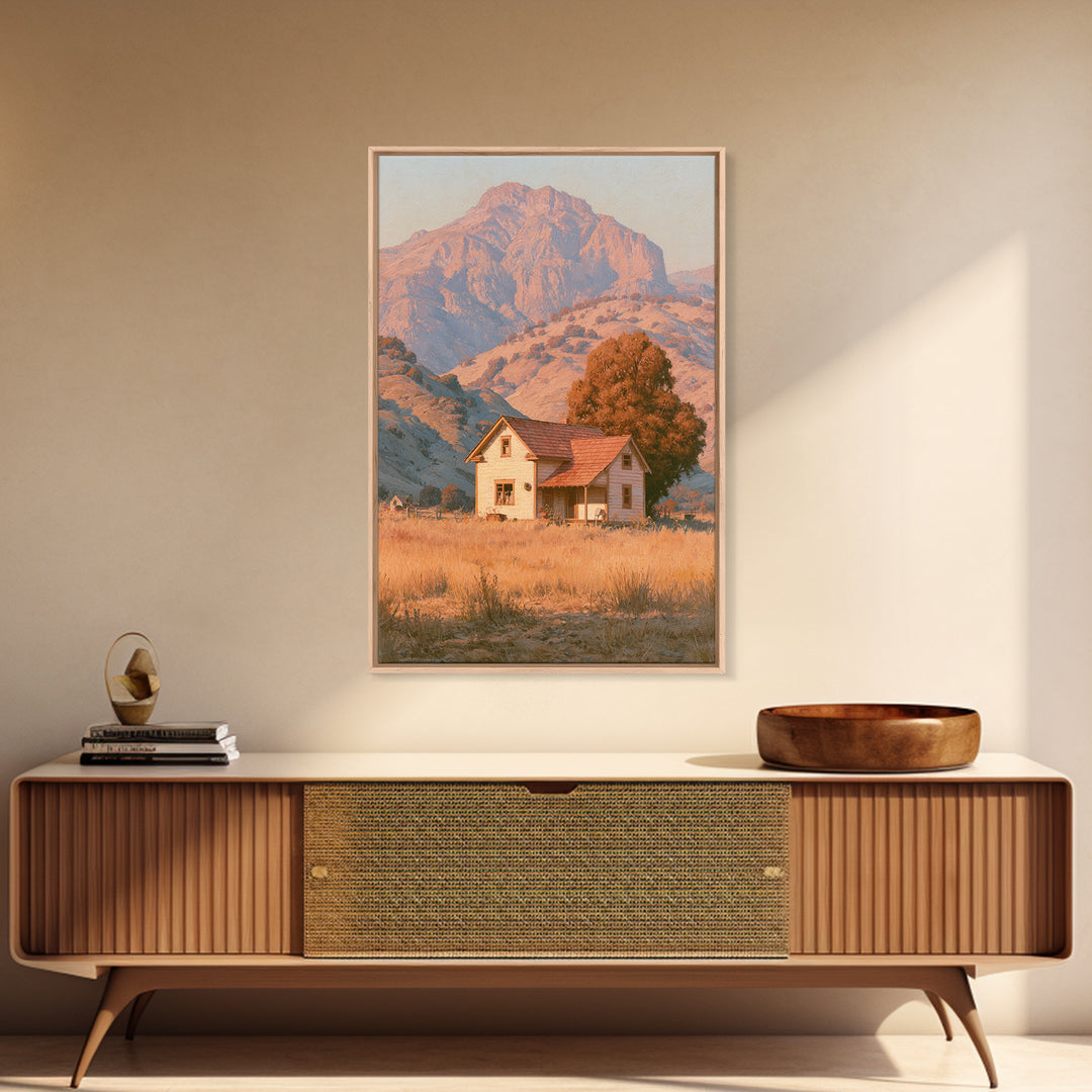 Mountain Cabin Landscape Framed Canvas Print, Rustic Art, Painting, Farmhouse Decor, Fine Art, Rustic, Boho Wall Art, RUS-2x3-59