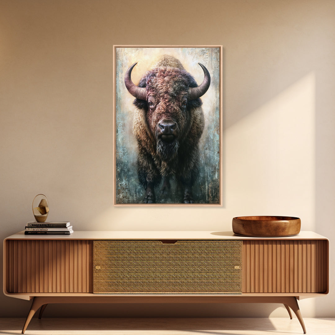 Buffalo Portrait with Western Texture Framed Canvas Print, Rustic Art, Boho Decor, Farmhouse Decor, Fine Art, Rustic, RUS-2x3-6
