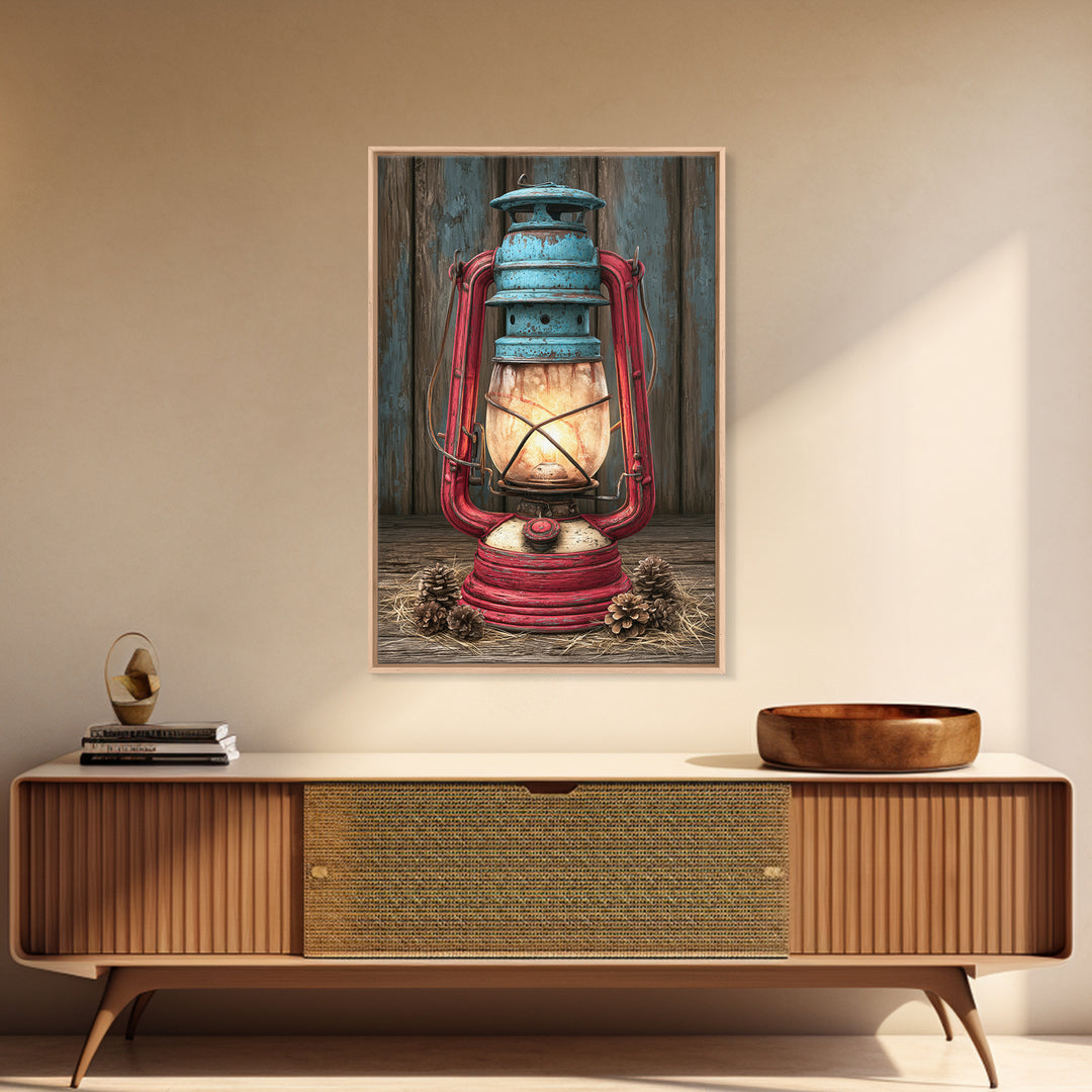 Rustic Lantern Glowing Beside Pinecones Framed Canvas Print, Rustic Art, Wall Art, Farmhouse Decor, Fine Art, Rustic, RUS-2x3-60