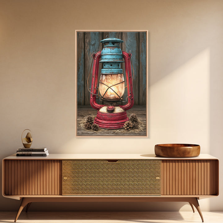 Rustic Lantern Glowing Beside Pinecones Framed Canvas Print, Rustic Art, Wall Art, Farmhouse Decor, Fine Art, Rustic, RUS-2x3-60