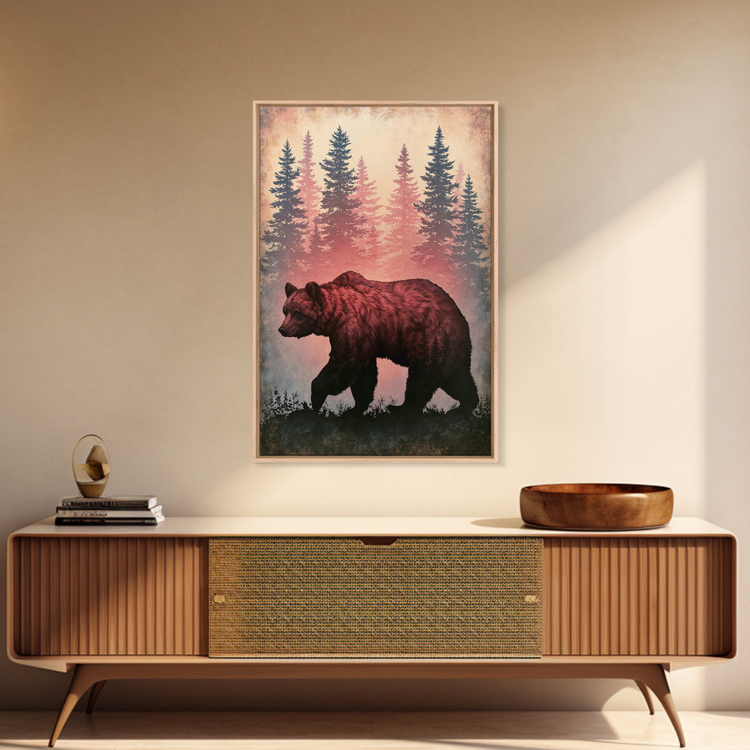 Bear Silhouette Among Pine Trees Framed Canvas Print, Rustic Art, Digital Prints, Farmhouse Decor, Watercolor Art, Rustic, RUS-2x3-63