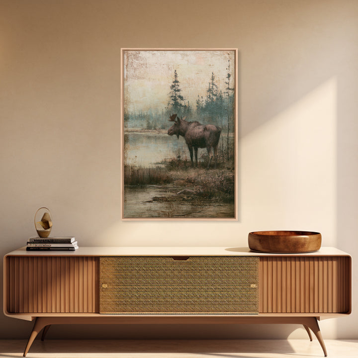 Moose Standing by a Quiet Lake Canvas Print, Rustic Art, Wood Wall Art, Farmhouse Decor, Oil Painting, Rustic, RUS-2x3-65