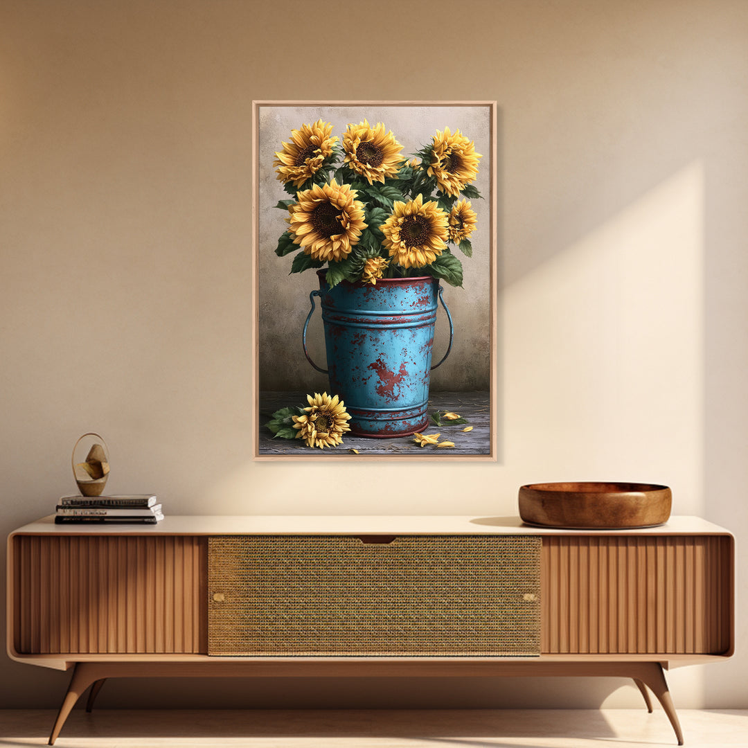 Sunflowers in a Metal Bucket Framed Canvas Print, Rustic Art, Oil Painting, Farmhouse Decor, Rustic, Modern Art, RUS-2x3-68