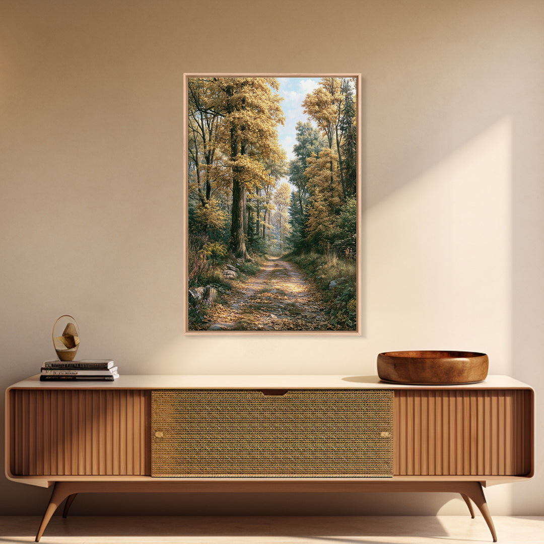 Forest Path with Golden Autumn Leaves Framed Canvas Print, Rustic Art, Painting, Farmhouse Decor, Rustic, Boho Wall Art, RUS-2x3-74