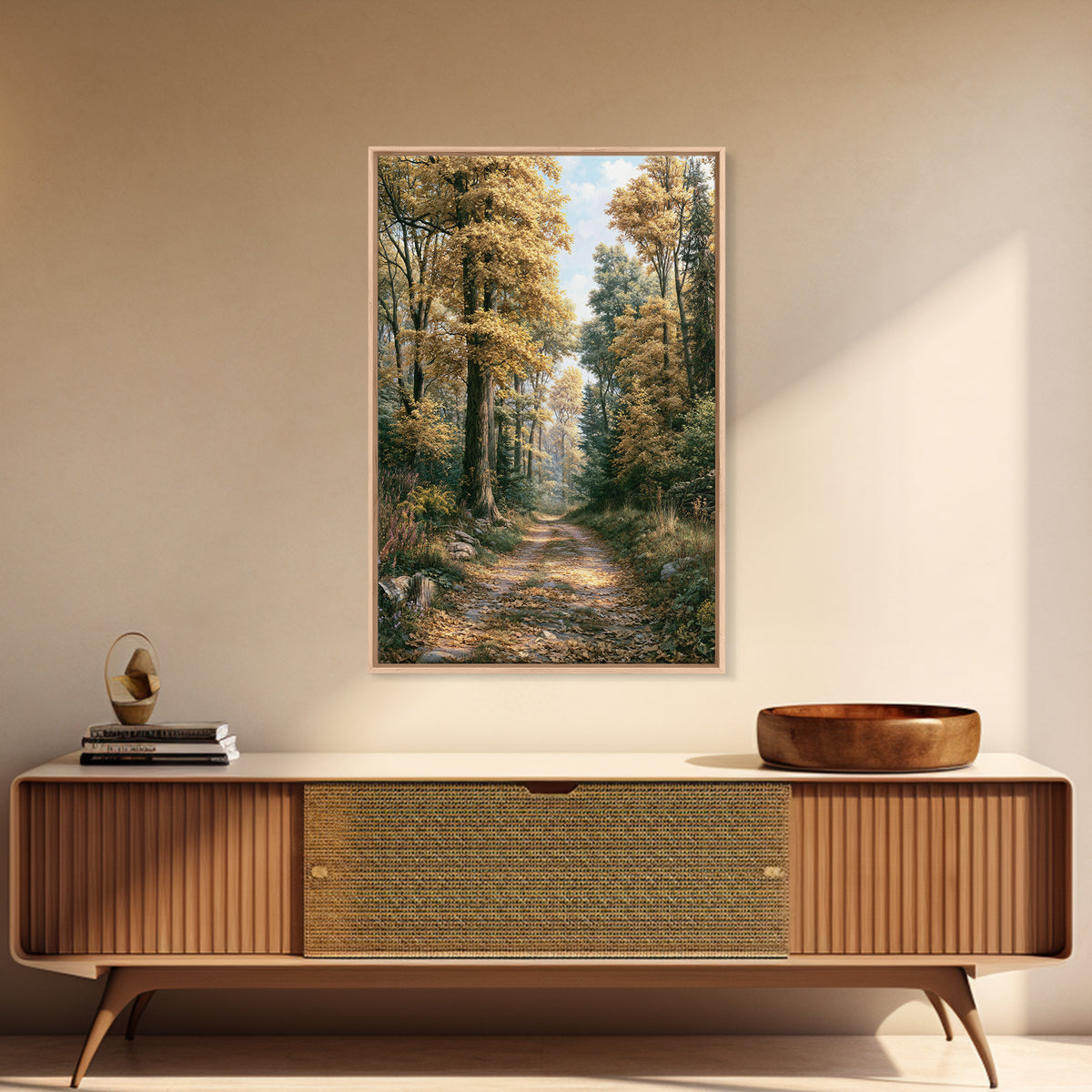 Forest Path with Golden Autumn Leaves Framed Canvas Print, Rustic Art, Painting, Farmhouse Decor, Rustic, Boho Wall Art, RUS-2x3-74