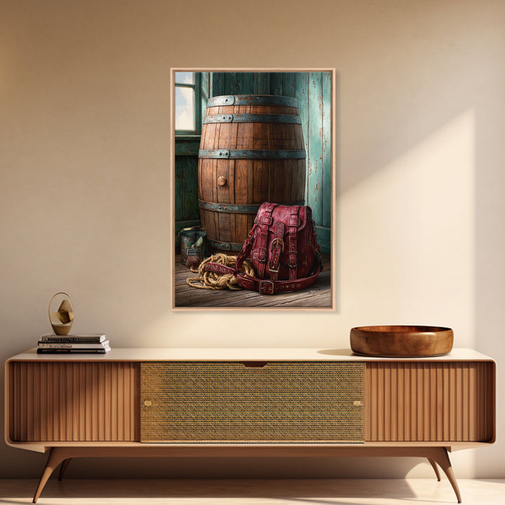 Whiskey Barrel and Leather Still Life Framed Canvas Print, Rustic Art, Printable Wall Art, Farmhouse Decor, Fine Art, Rustic, RUS-2x3-75
