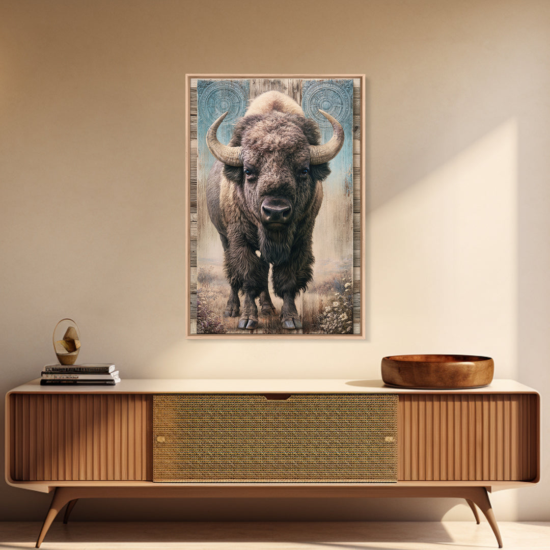 Buffalo Portrait with Western Texture Framed Canvas Print, Rustic Art, Digital Prints, Farmhouse Decor, Oil Painting, Rustic, RUS-2x3-78