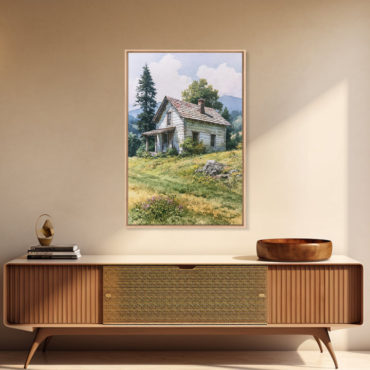 Mountain Cabin Landscape Framed Canvas Print, Rustic Art, Abstract Wall Art, Farmhouse Decor, Fine Art, Rustic, Landscape Art, RUS-2x3-83