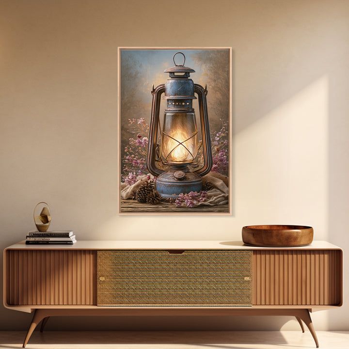 Rustic Lantern Glowing Beside Pinecones Framed Canvas Print, Rustic Art, Farmhouse Wall Art, Farmhouse Decor, Fine Art, Rustic, RUS-2x3-84