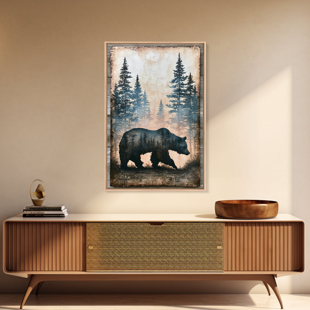 Bear Silhouette Among Pine Trees Framed Canvas Print, Rustic Art, Boho Wall Art, Farmhouse Decor, Rustic, Downloadable Art, RUS-2x3-87