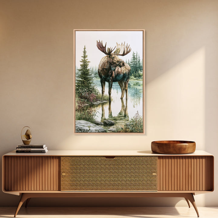 Moose Standing by a Quiet Lake Framed Canvas Print, Rustic Art, Boho Wall Art, Farmhouse Decor, Rustic, Downloadable Art, RUS-2x3-89