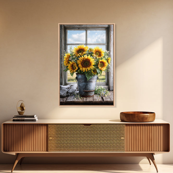 Sunflowers in a Metal Bucket Framed Canvas Print, Rustic Art, Gallery Decor, Farmhouse Decor, Fine Art, Rustic, RUS-2x3-92