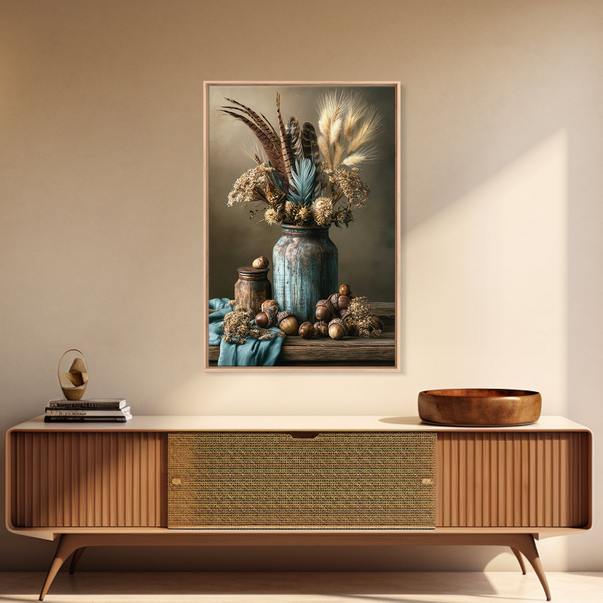 Pheasant Feathers and Acorns Arrangement Canvas Print, Rustic Art, Digital Print, Farmhouse Decor, Rustic, Landscape Painting, RUS-2x3-96