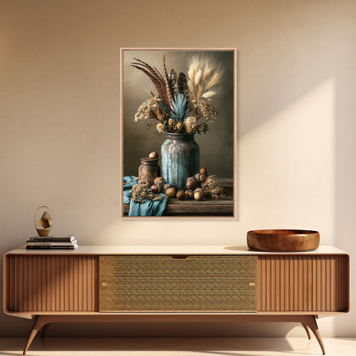 Pheasant Feathers and Acorns Arrangement Canvas Print, Rustic Art, Digital Print, Farmhouse Decor, Rustic, Landscape Painting, RUS-2x3-96