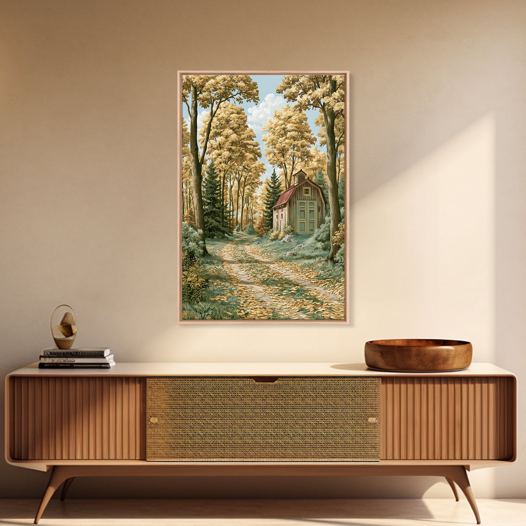 Forest Path with Golden Autumn Leaves Framed Canvas Print, Rustic Art, Painting, Farmhouse Decor, Rustic, Boho Wall Art, RUS-2x3-98