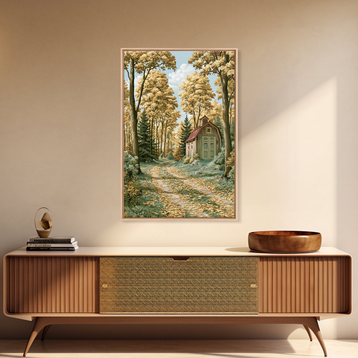 Forest Path with Golden Autumn Leaves Framed Canvas Print, Rustic Art, Painting, Farmhouse Decor, Rustic, Boho Wall Art, RUS-2x3-98