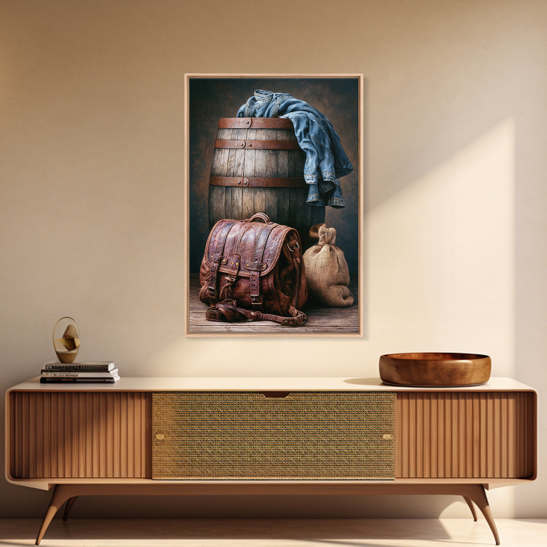Whiskey Barrel and Leather Still Life Canvas Print, Rustic Art, Farmhouse Decor, Rustic, Gallery Wall Art, Landscape Wall Art, RUS-2x3-99