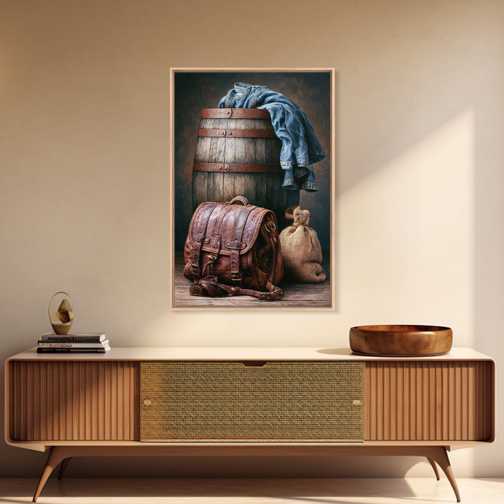 Whiskey Barrel and Leather Still Life Canvas Print, Rustic Art, Farmhouse Decor, Rustic, Gallery Wall Art, Landscape Wall Art, RUS-2x3-99