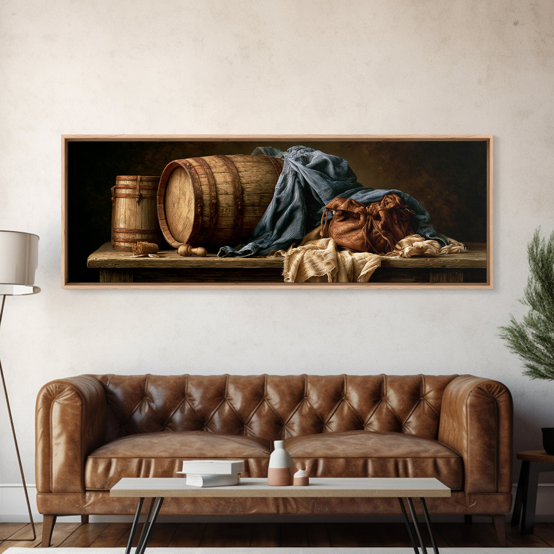 Whiskey Barrel and Leather Still Life Canvas Print, Rustic Art, Landscape Art, Farmhouse Decor, Watercolor Art, Rustic, RUS-3x1-11