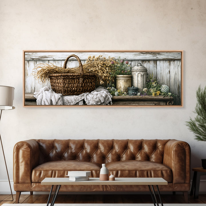 Handwoven Basket with Dried Grasses Canvas Print, Rustic Art, Wood Art, Farmhouse Decor, Fine Art, Rustic, Wall Decor, RUS-3x1-16