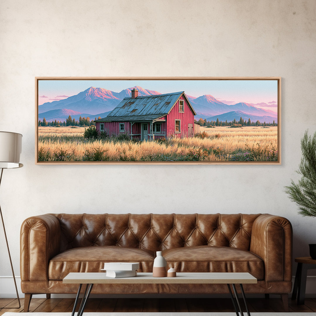 Mountain Cabin Landscape Canvas Print, Rustic Art, Fine Art Print, Farmhouse Decor, Fine Art, Rustic, Painting, Digital Prints, RUS-3x1-19