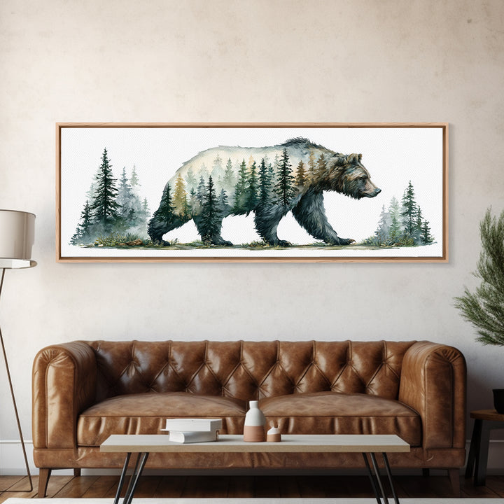 Bear Silhouette Among Pine Trees Framed Canvas Print, Rustic Art, Statement Artwork, Farmhouse Decor, Fine Art, Rustic, RUS-3x1-23
