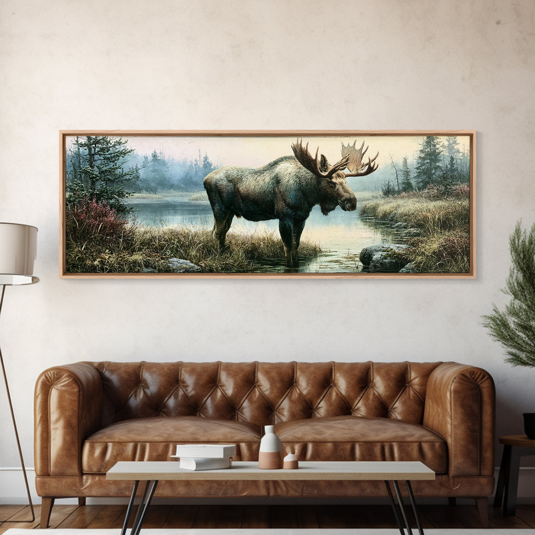 Moose Standing by a Quiet Lake Canvas Print, Rustic Art, Wood Art, Farmhouse Decor, Fine Art, Rustic, Wall Decor, Neutral Decor, RUS-3x1-25