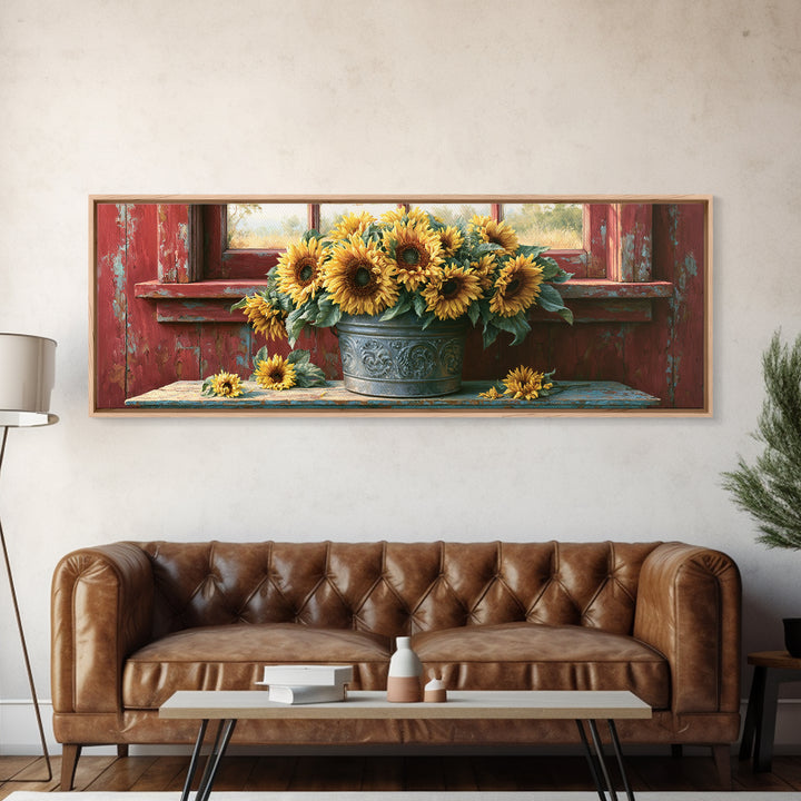 Sunflowers in a Metal Bucket Framed Canvas Print, Rustic Art, Downloadable Art, Farmhouse Decor, Watercolor Art, Rustic, RUS-3x1-28