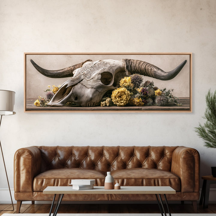 Cow Skull with Desert Flowers Canvas Print, Rustic Art, Boho Wall Art, Farmhouse Decor, Oil Painting, Rustic, Downloadable Art, RUS-3x1-33