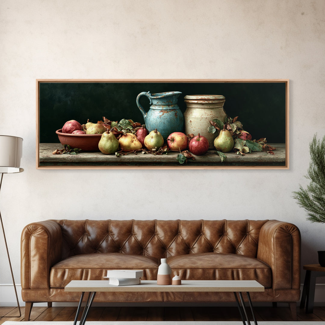 Rustic Pear and Apple Still Life Framed Canvas Print, Rustic Art, 3d Wall Art, Farmhouse Decor, Watercolor Art, Rustic, RUS-3x1-37