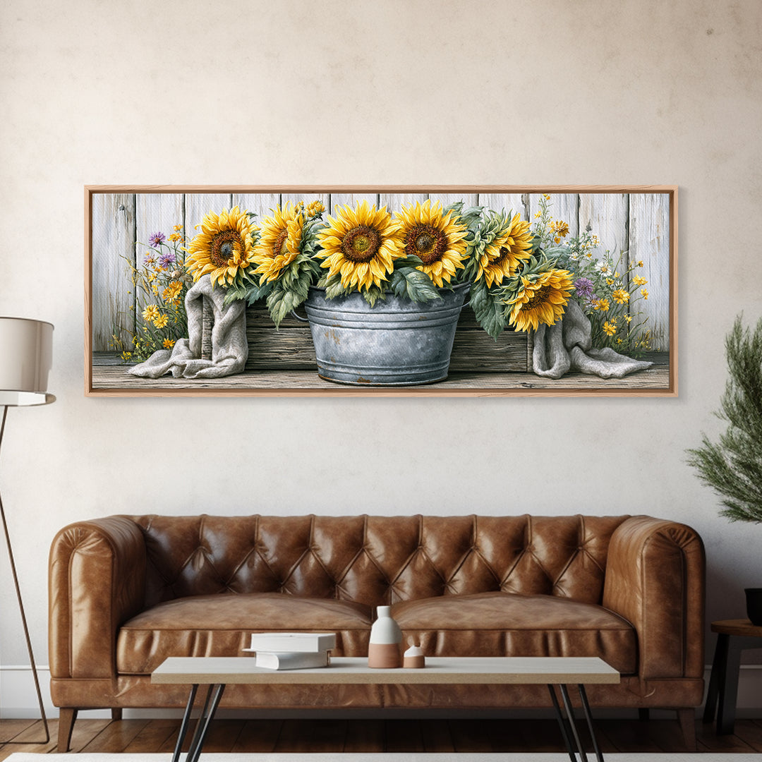 Sunflowers in a Metal Bucket Canvas Print, Rustic Art, Eclectic Wall Art, Farmhouse Decor, Watercolor Art, Rustic, RUS-3x1-4