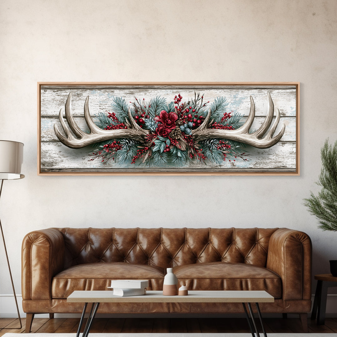 Deer Antlers with Pine Branches and Berries Canvas Print, Rustic Art, Abstract Wall Art, Farmhouse Decor, Watercolor Art, RUS-3x1-42