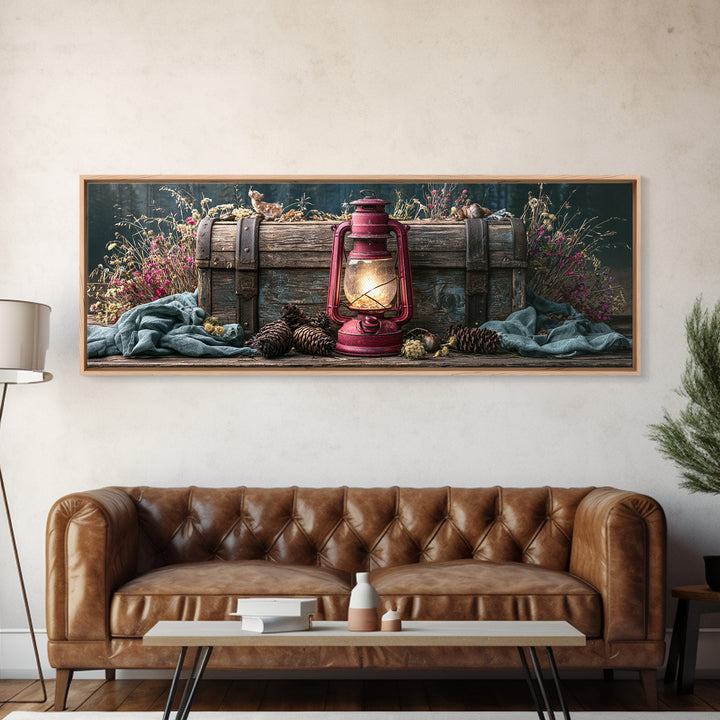 Rustic Lantern Glowing Beside Pinecones Framed Canvas Print, Rustic Art, Wall Decor, Farmhouse Decor, Fine Art, Rustic, RUS-3x1-44
