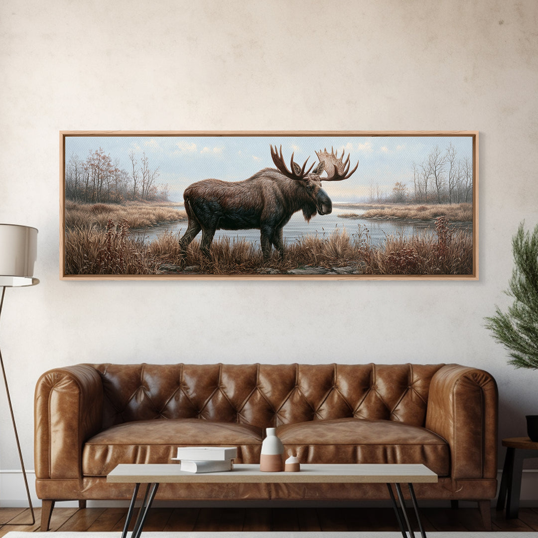 Moose Standing by a Quiet Lake Canvas Print, Rustic Art, Wood Art, Farmhouse Decor, Fine Art, Rustic, Wall Decor, Neutral Decor, RUS-3x1-49