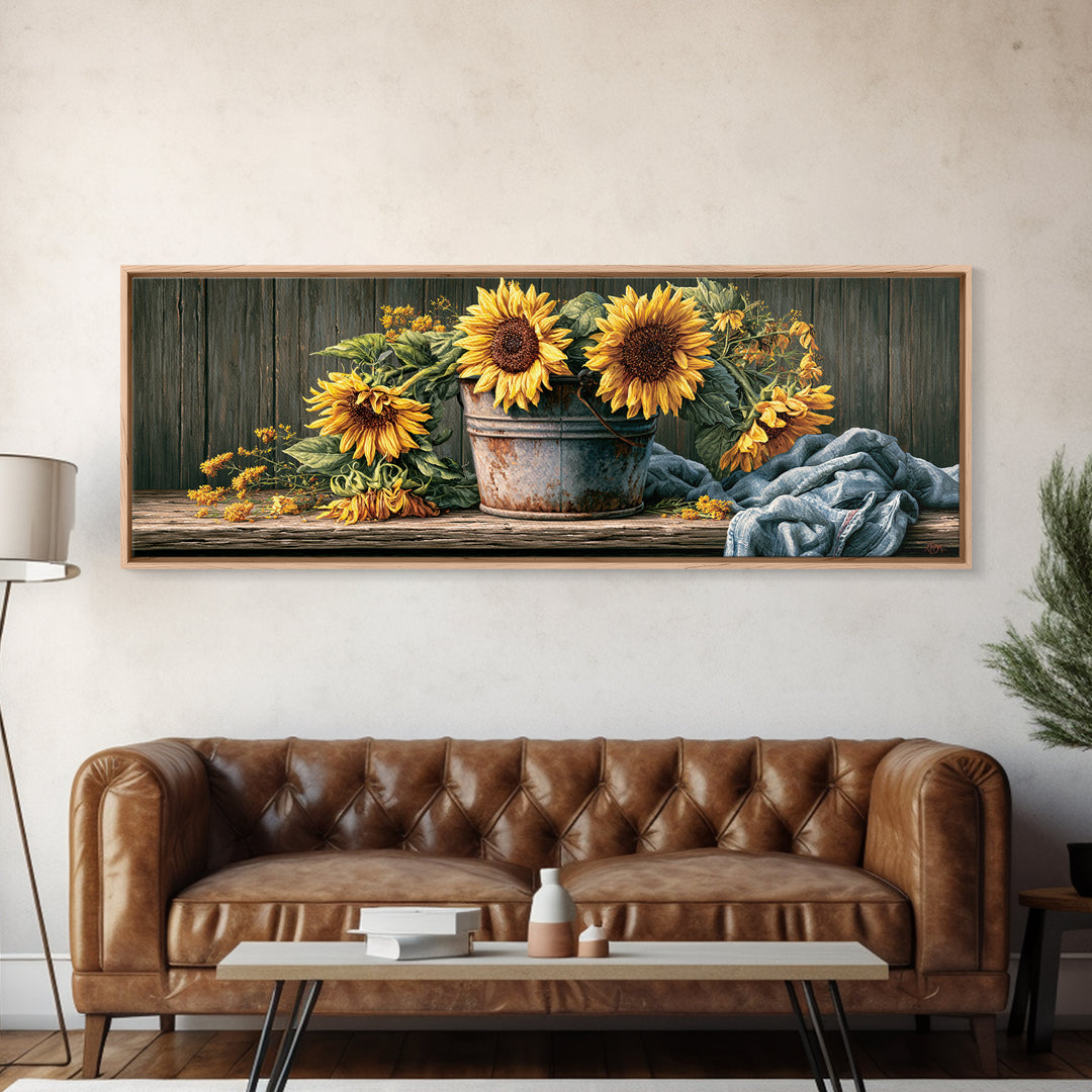 Sunflowers in a Metal Bucket Framed Canvas Print, Rustic Art, Room Decor, Farmhouse Decor, Fine Art, Rustic, Oil Painting, RUS-3x1-52