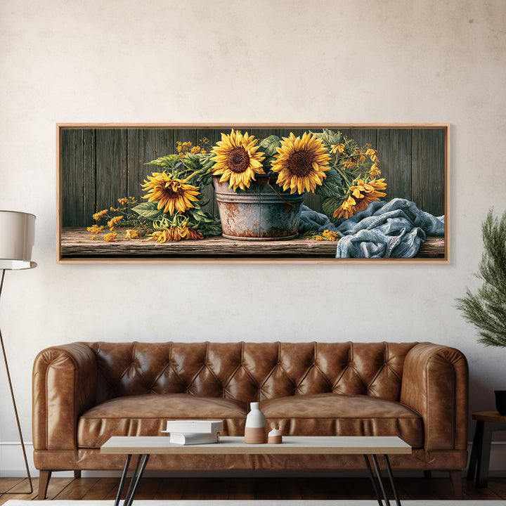 Sunflowers in a Metal Bucket Framed Canvas Print, Rustic Art, Room Decor, Farmhouse Decor, Fine Art, Rustic, Oil Painting, RUS-3x1-52