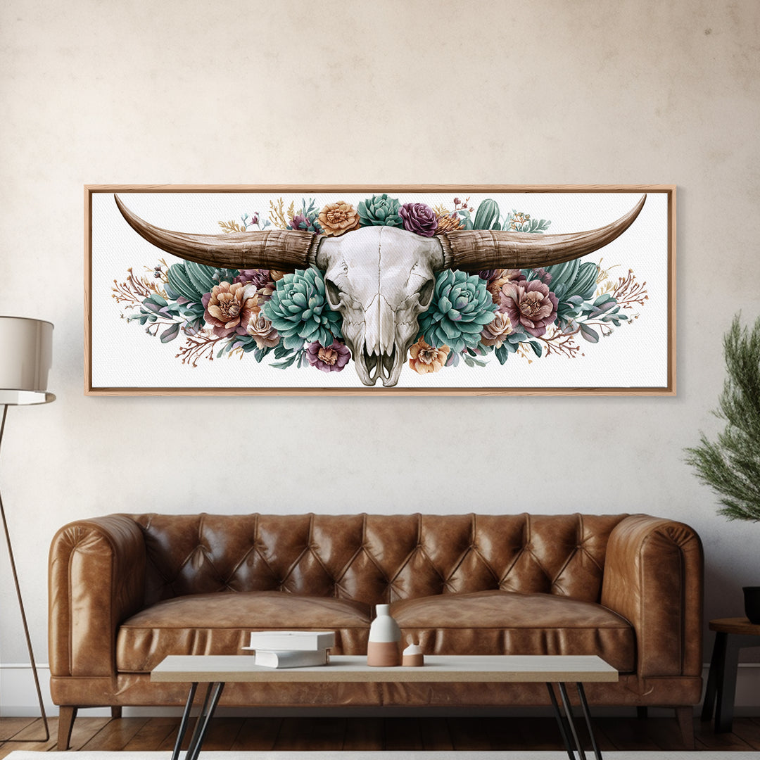 Cow Skull with Desert Flowers Framed Canvas Print, Rustic Art, Landscape Painting, Farmhouse Decor, Watercolor Art, Rustic, RUS-3x1-57