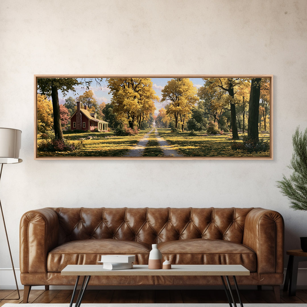 Forest Path with Golden Autumn Leaves Framed Canvas Print, Rustic Art, Farmhouse Decor, Oil Painting, Rustic, Gallery Wall Art, RUS-3x1-58
