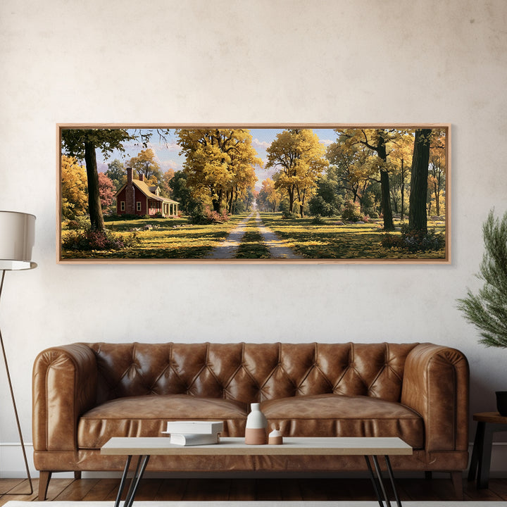 Forest Path with Golden Autumn Leaves Framed Canvas Print, Rustic Art, Farmhouse Decor, Oil Painting, Rustic, Gallery Wall Art, RUS-3x1-58