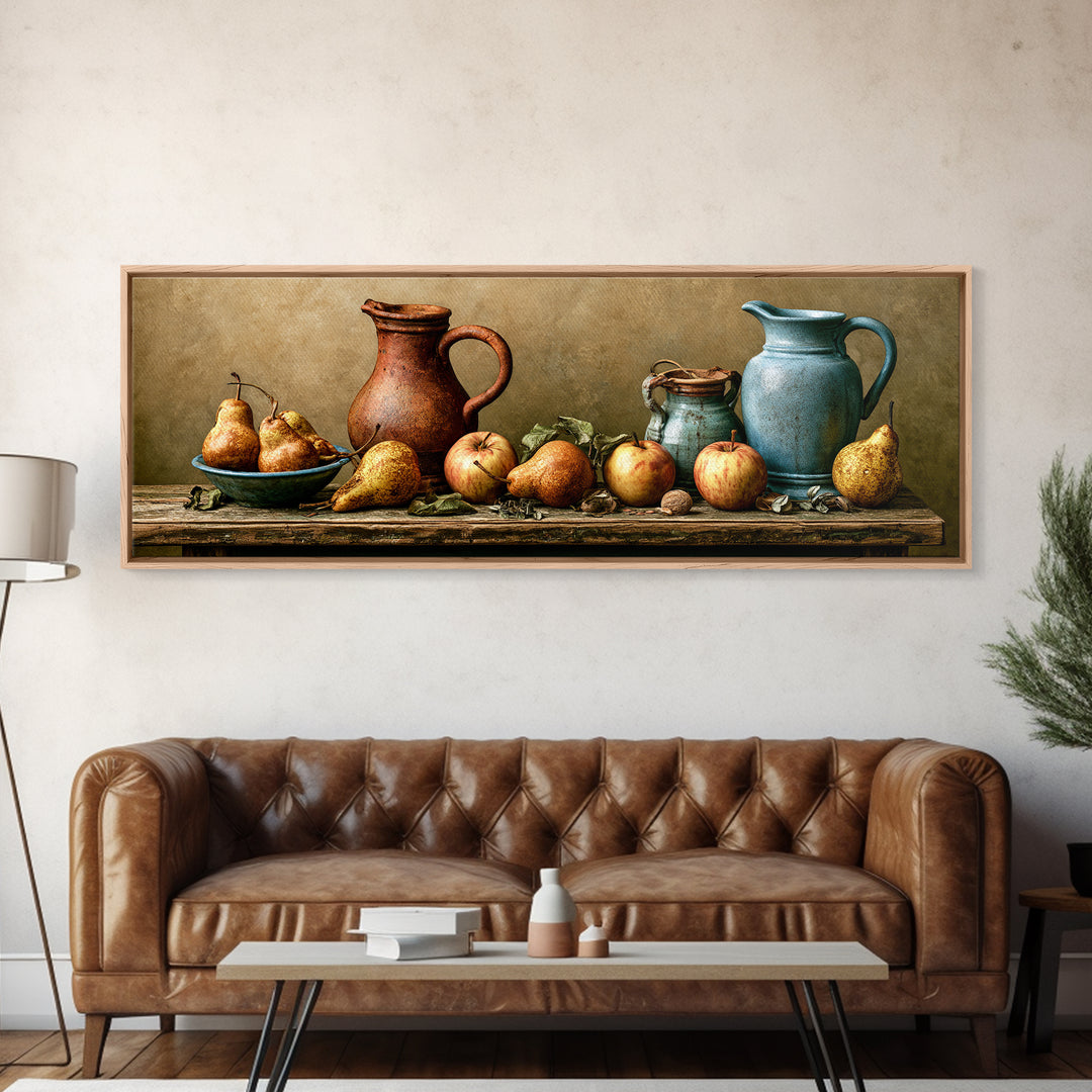 Rustic Pear and Apple Still Life Canvas Print, Rustic Art, Eclectic Wall Art, Farmhouse Decor, Oil Painting, Rustic, RUS-3x1-61