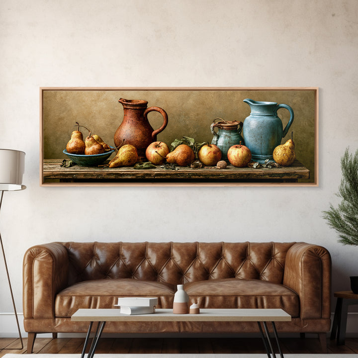Rustic Pear and Apple Still Life Canvas Print, Rustic Art, Eclectic Wall Art, Farmhouse Decor, Oil Painting, Rustic, RUS-3x1-61